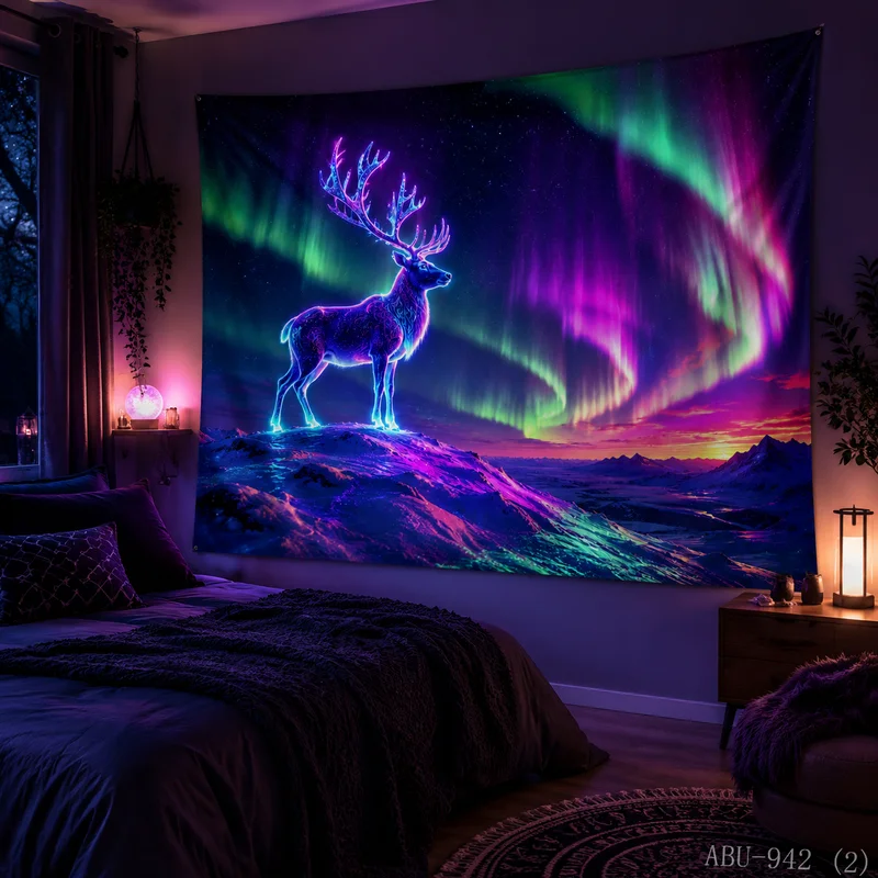 VIKAMA Aurora Snow Running Elk Christmas Tapestry, HD Background Fabric, Dynamic Holiday Atmosphere Room Decor