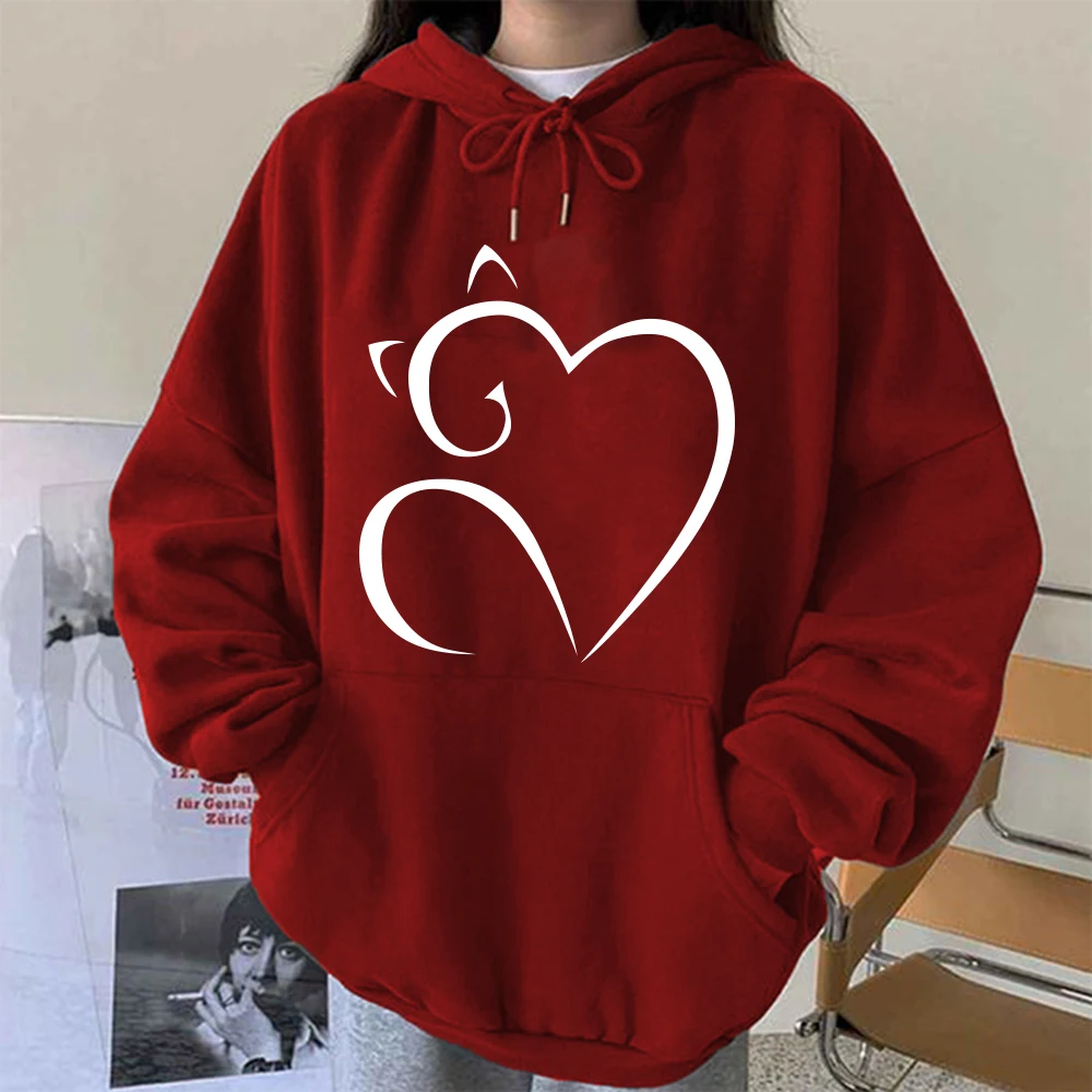 Seeyoushy Heart-shaped Cat Print Interesting Printed New Long Sleeve Ladies Top Y2K Trend Streetwear Fashion Fall/Winter Hoodie