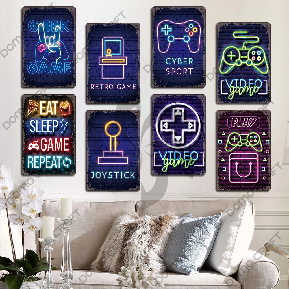 Neon Video Game Poster Metal Plate Gamer Play Win Game Zone Metal Tin Signs Retro Wall Decor Game Room Bar Pub Man Cave