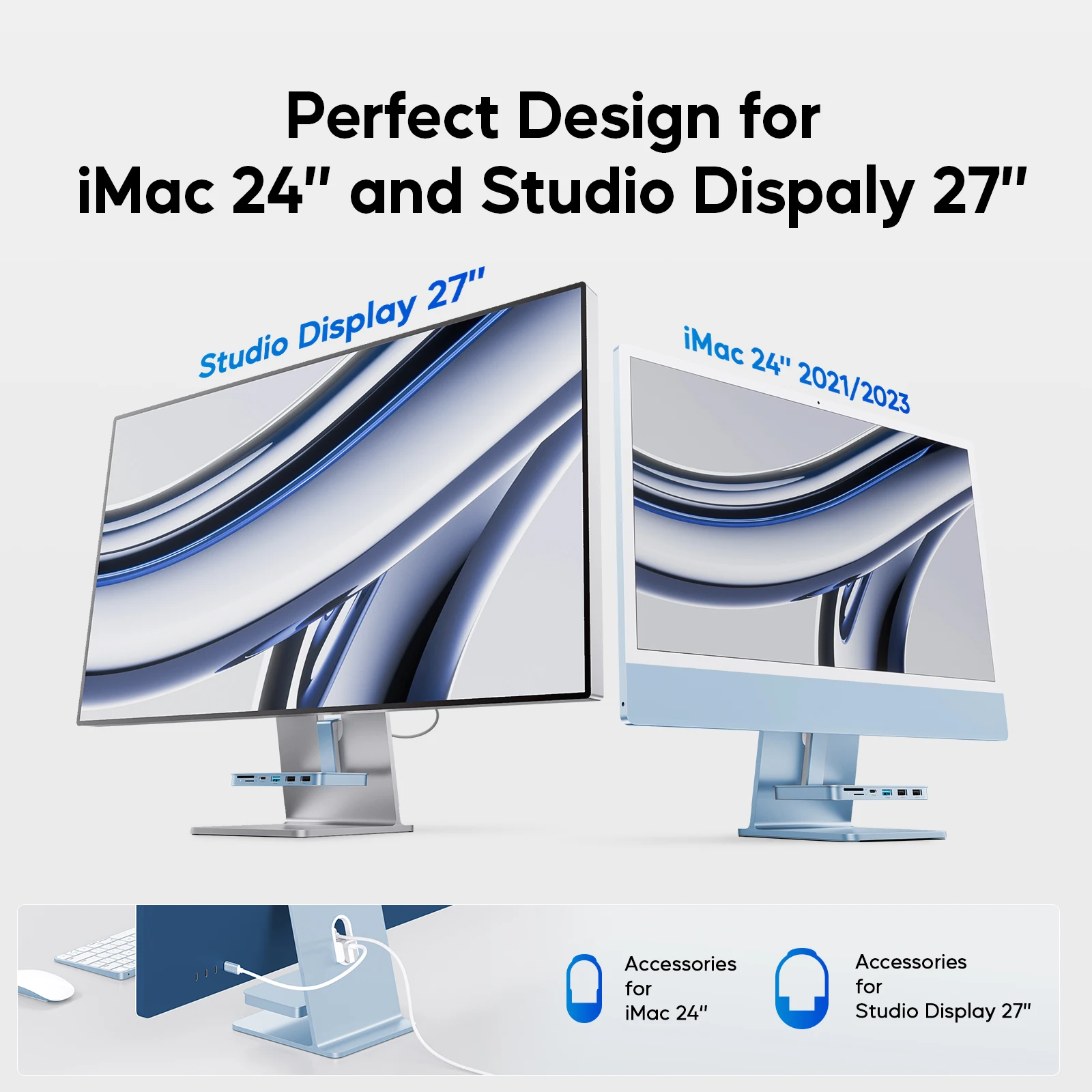 PULWTOP iMac Accessories for iMac 24 inch M1/M3/M4 or Studio Display 27 inch, with M.2 NVMe SSD Enclosure, USB A/C 10Gbps, SD/TF