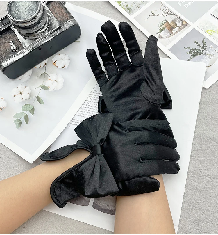 Elegant Short Wedding Bridal Gloves with Bow Satin Finger Bridesmaid Perform Prom Wrist Gloves for Women Pageant guantes