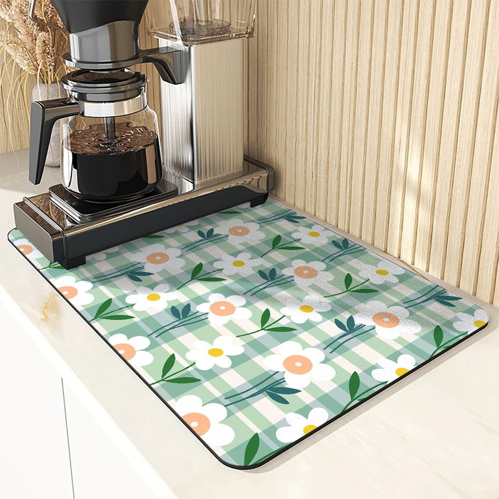 1pc Drying Mat Checkerboard Color Block Daisy Non-Slip Absorbent Mat Tableware Kitchen Counter Drain Mats Placemats for Table