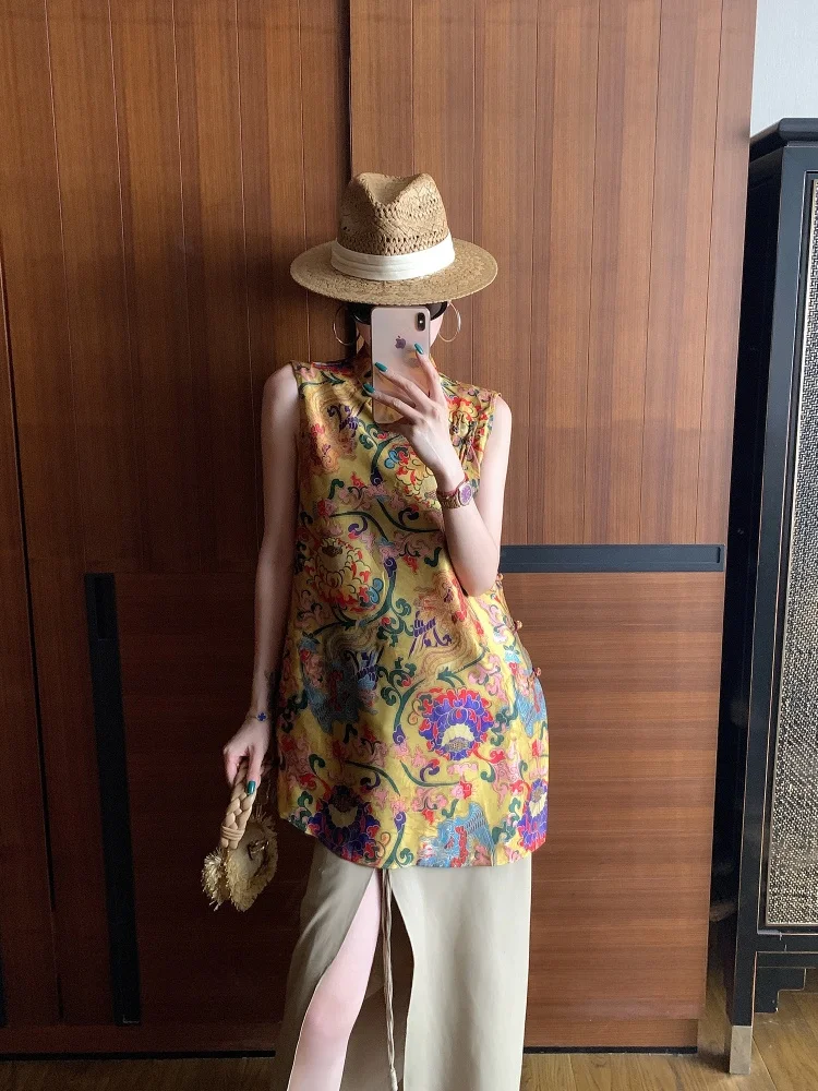 

Dongni3 Роскошный китайский шелковый топ для женщин, элегантный жакет с воротником-стойкой, принтованный дизайн, полиэстер, для повседневной носки