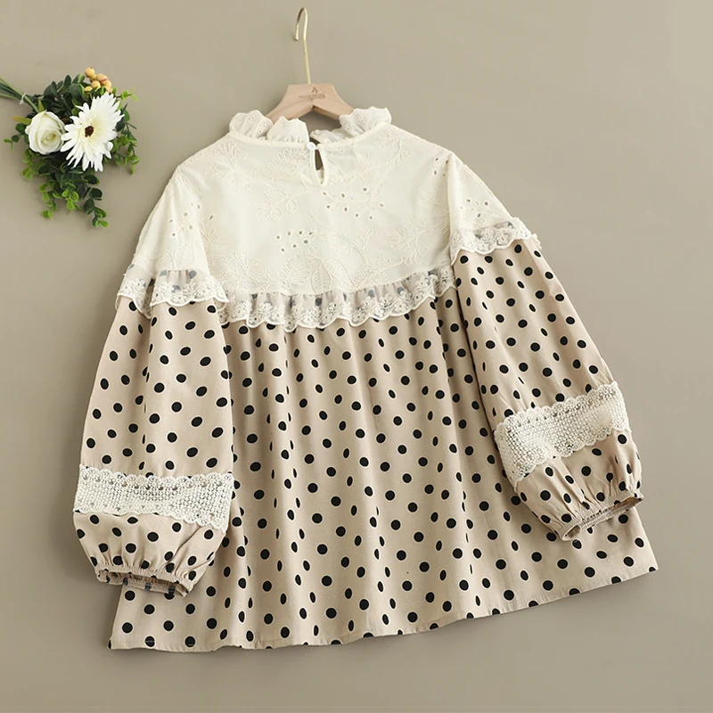 Spring New Japanese Vintage Flower Embroidery Polka Dot Patchwork Shirts Women Mori Girl Long Sleeve Casual Loose Blouse Tops