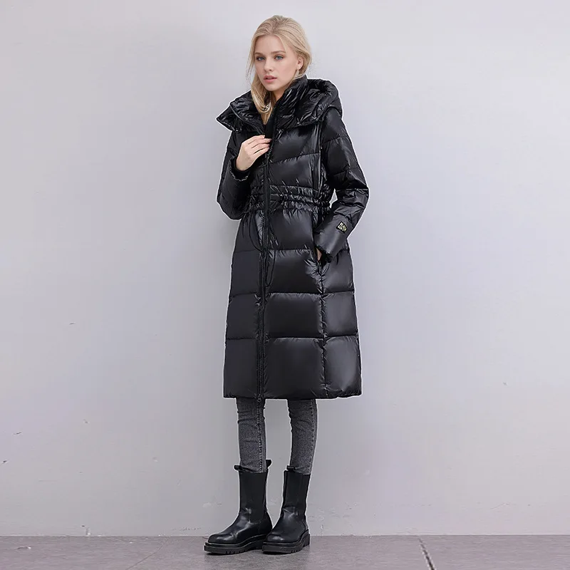 

Winter Female's Padded Coat Solid Color Patchwork Cinched Waist Windproof Hooded Women's Jacket Long Thickened Coat For Lady