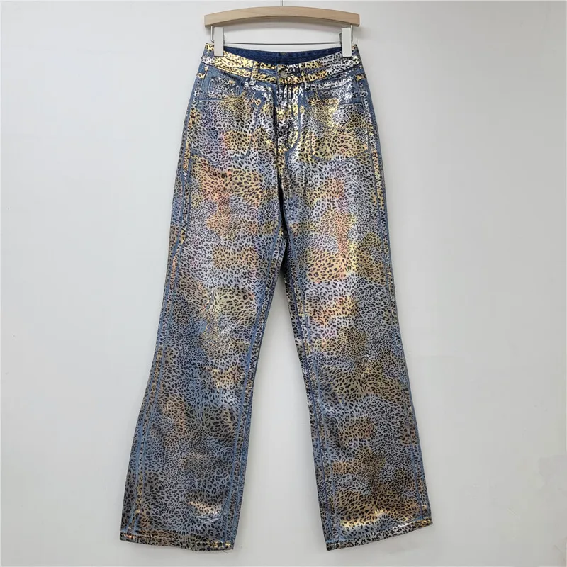 DEAT Women's Coated Jeans Leopard Printed High Waist Straight Wide Leg Lated Denim Pants 2025 New Fashion Spring 11A01982