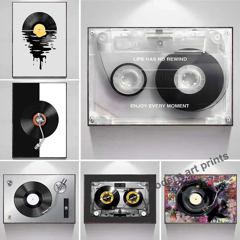 Audio Cassete Tape Posters Life Has No Rewind, Enjoy Every Moment Vintage Canvas Prints Wall Painting Pictures Living Room Decor