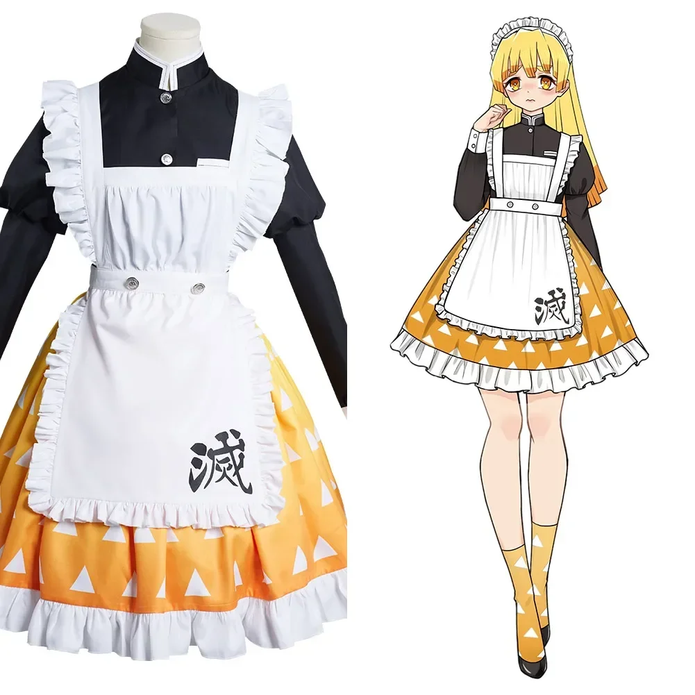 Agatsuma Zenitsu Cosplay Costume Outfits Maid Dress Halloween Carnival Suit