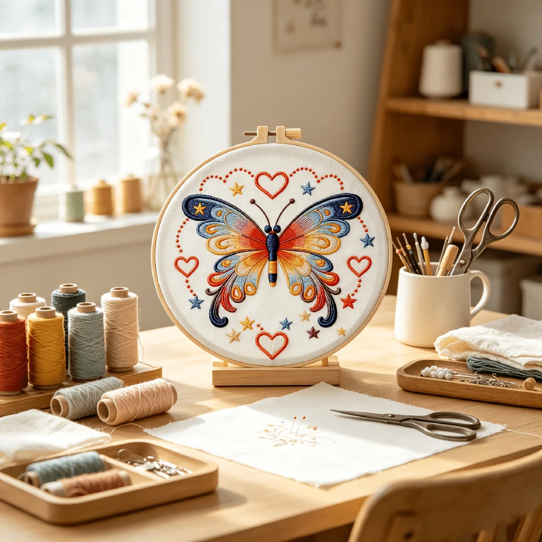 Komplettes DIY-Stickerei-Starter-Set mit bedrucktem Muster, Stoff, Farbigen Fäden, Nadeln, rundem Stickrahmen, Handarbeits-Nadelpunkt-Set für Erwachsene