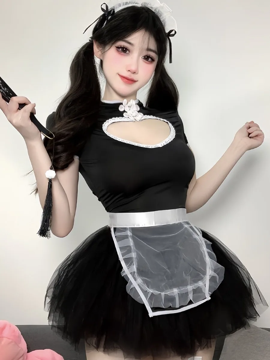 Chinese style girl new Chinese cheongsam maid uniform dress sexy cosy maid hollow out perspective yarn black Ball Gown dress 2S7