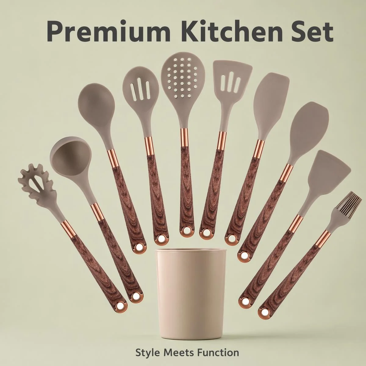 Wood Grain Handle Silicone Kitchen Utensil Set, Food Grade Non-stick Cooking Tools with Rose Gold Accent and Storage Bucket