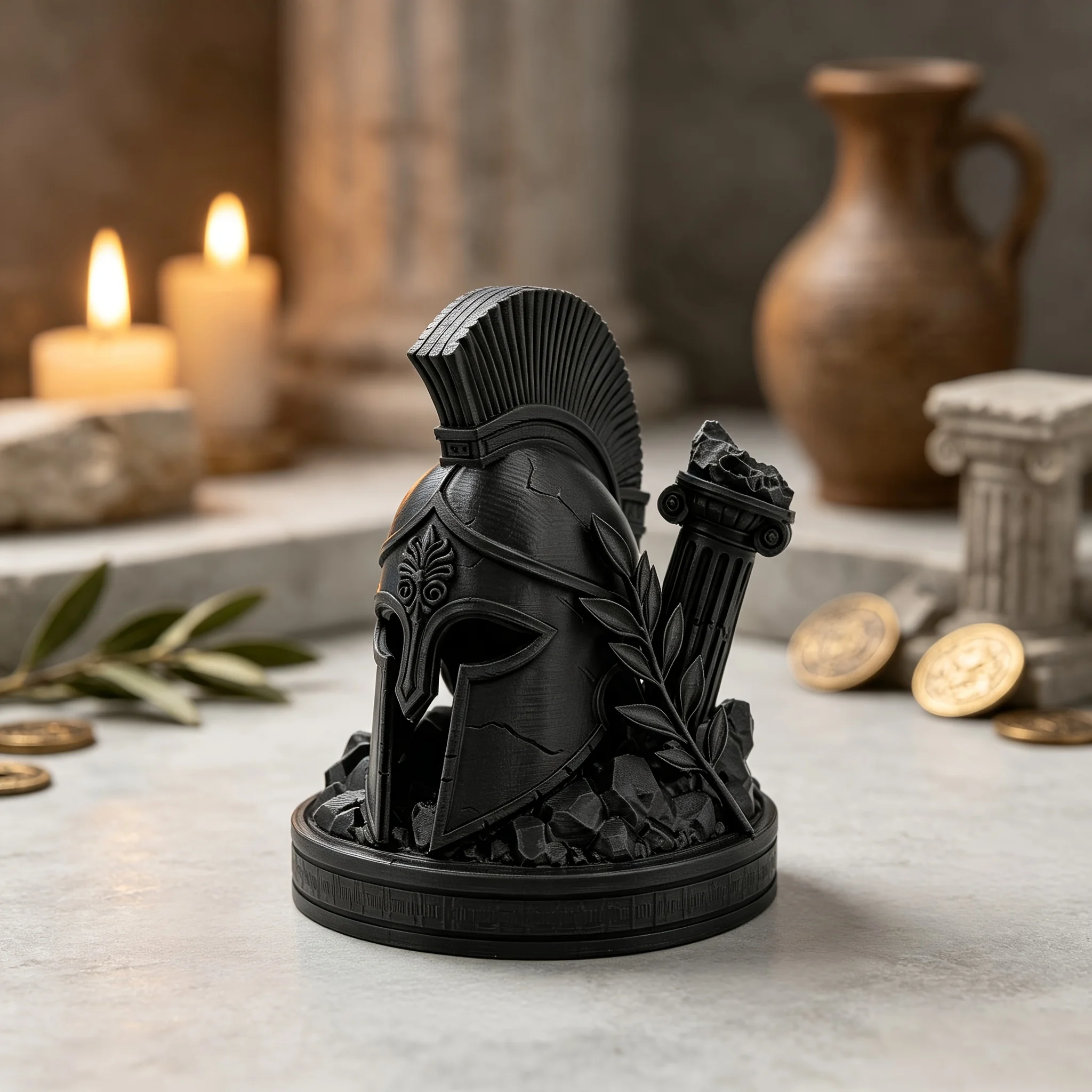 Ancient Greek Spartan Helmet Statue 3D‑Printed Warrior Helmet Figurine with Broken Roman Column Ornament Home Desktop Decor Gift