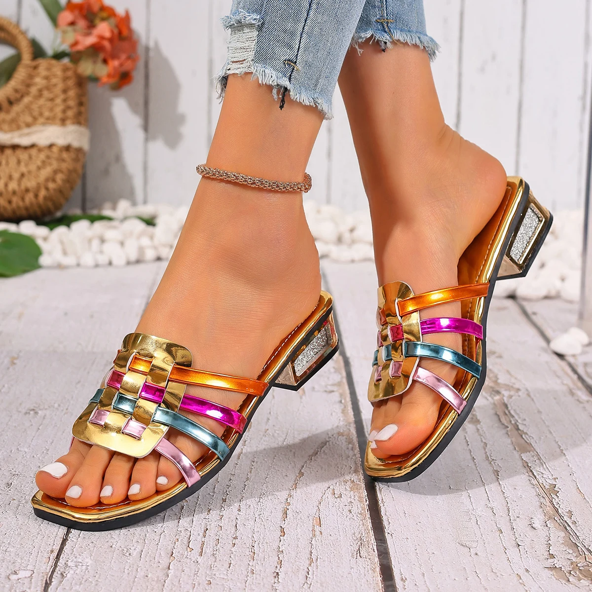 2026 New Large Size Colorful Woven Casual Flat Bottom Slippers Women Toe Exposure Fashionable All-Match High Heel Sandals