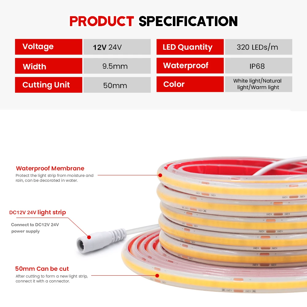 IP68 Waterproof  COB LED Strip with Power Supply Tuya Smart Wifi Dimmer 320LEDs/m High Density DC 12V 24V Flexible Tape Linear