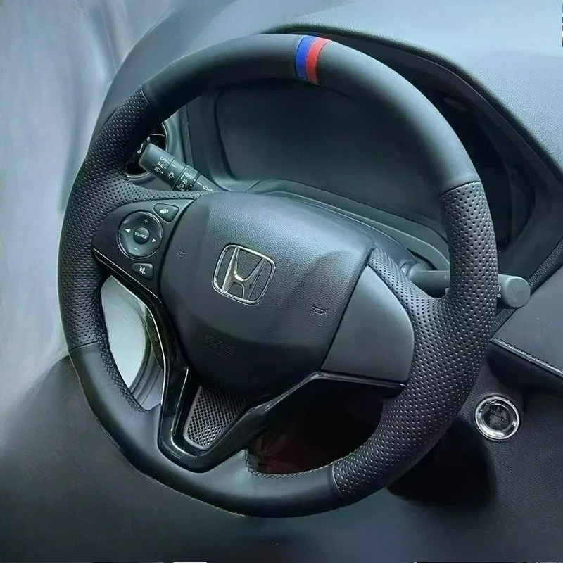 Hand-stitched renovation Non-slip black brown Leather car steering wheel coverFor Honda Fit City Jazz 2014 2015 HRV HR-V 2016