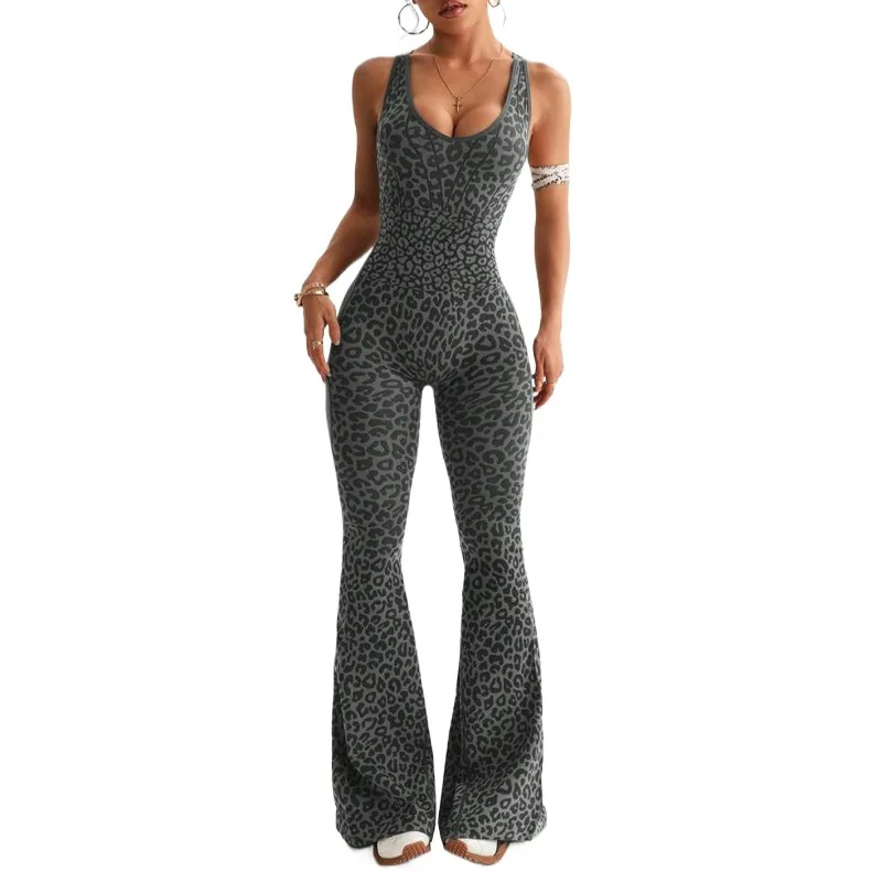 

Новый европейский и американский цельный спортивный костюм с леопардовым принтом и перекрестной спинкой для женского фитнеса, занятий спортом и отдыха.