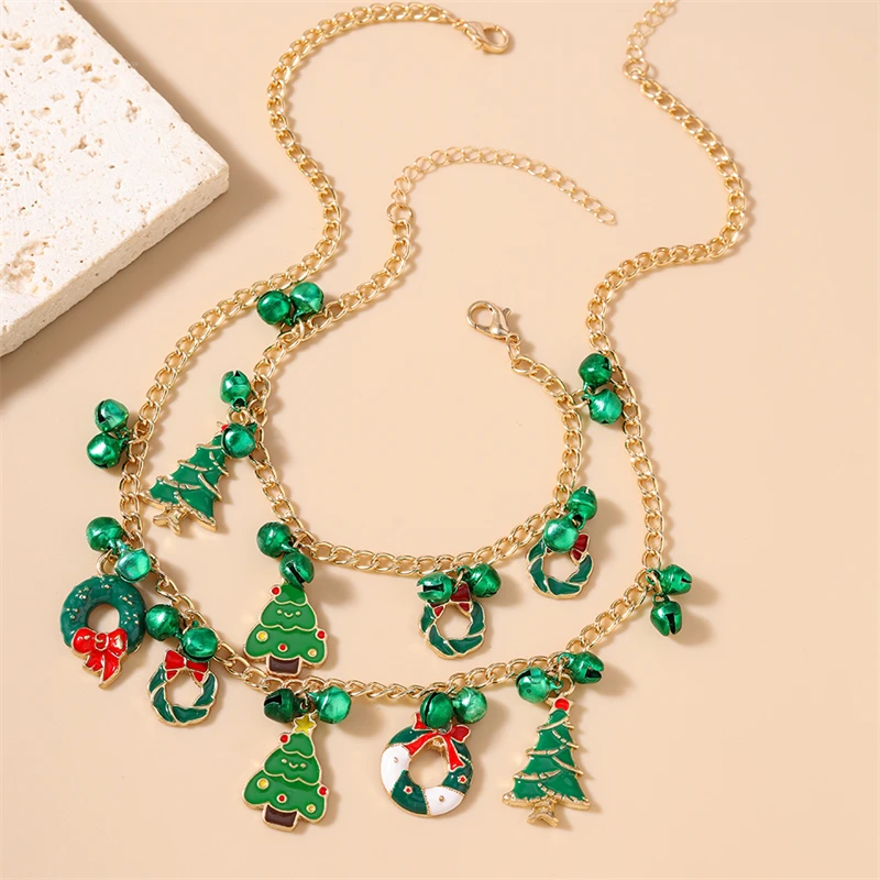 Modisches Weihnachtsbaum-Kranz-Glocken-Halsketten-Armband-Schmuckset für Frauen und Mädchen Neujahrs-Festival-Schmuckgeschenke – Detail 2
