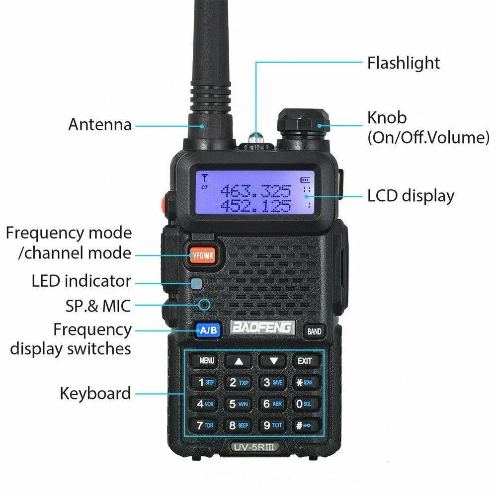 BAOFENG-UV-5III tragbares Walkie-Talkie, Zwei-Wege-Radiosender, Zwei-Wege-Transceiver, 1800mAh Tri-Band-CB, UKW/UHF, wasserdicht