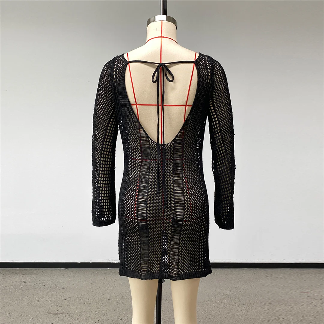 2026 Langarm-Schulterfreies Häkel-Strick-Tunika Strand-Überwurf Strandkleid Strandmode Damen V8330 – Detail 19