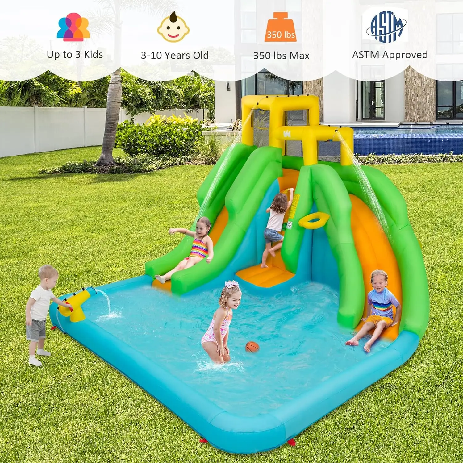 Opblaasbare Waterglijbaan Met 550W Blower, 6 In 1 Uitsmijter Waterpark W/Klimmuur & 2 Lange Glijbanen, Plons Zwembad, Waterkanonnen