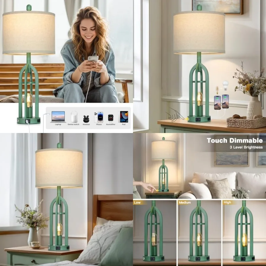 

27" Tall Coastal Lamp, Retro- Vintage Bedside Nightstand Lamps with USB C+A and AC Outlet, 3-Way Dimmable Touch Control Table L