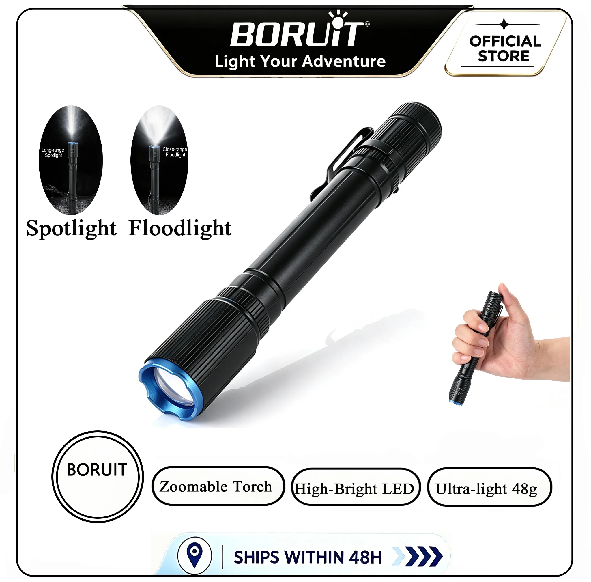 BORUiT Ultra‑Light Mini LED Flashlight With Metal Clip 3 Modes Zoomable Pen‑Sized Hand Torch AA Dry Battery For Home Hiking