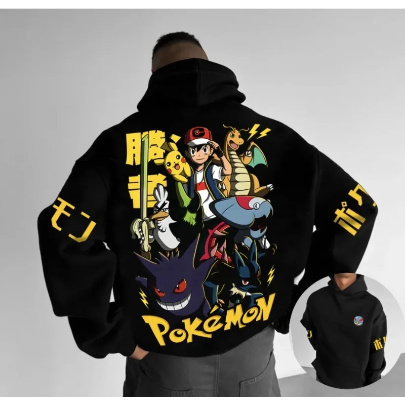Pokemon Anime Print Hooded 2025 Autumn and Winter Men's Fitness Sports Cartoon Hand-drawn Elements Daily Wear Trend Jumper