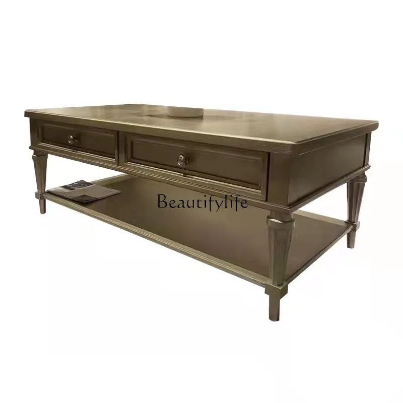 

American coffee table French light luxury living room storage table simple retro old solid wood coffee table