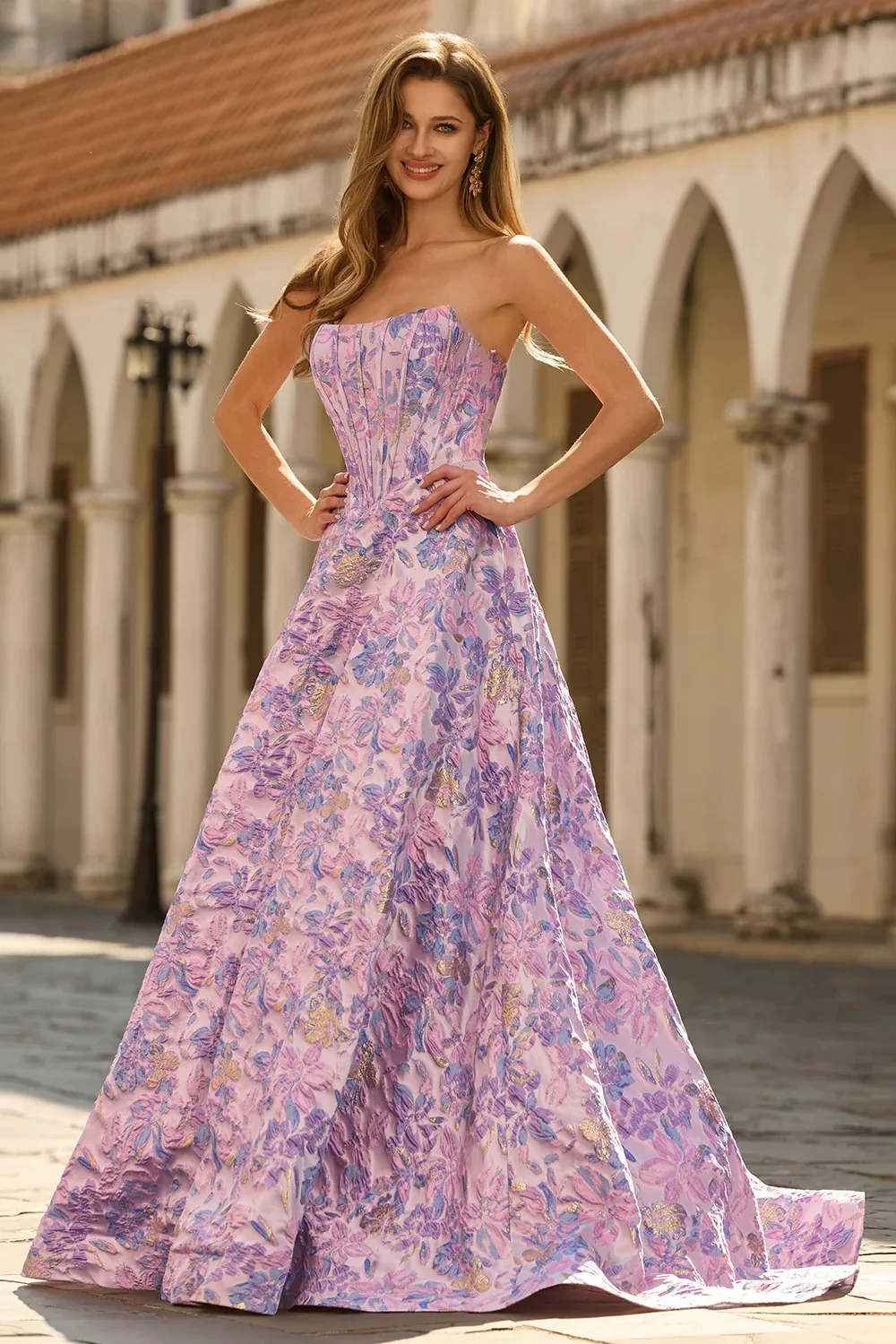 Strapless Jacquard Floral Corset Prom Dress A-Line Formal Evening Gown With Gold Thread For Wedding Guest Gala Party 2026