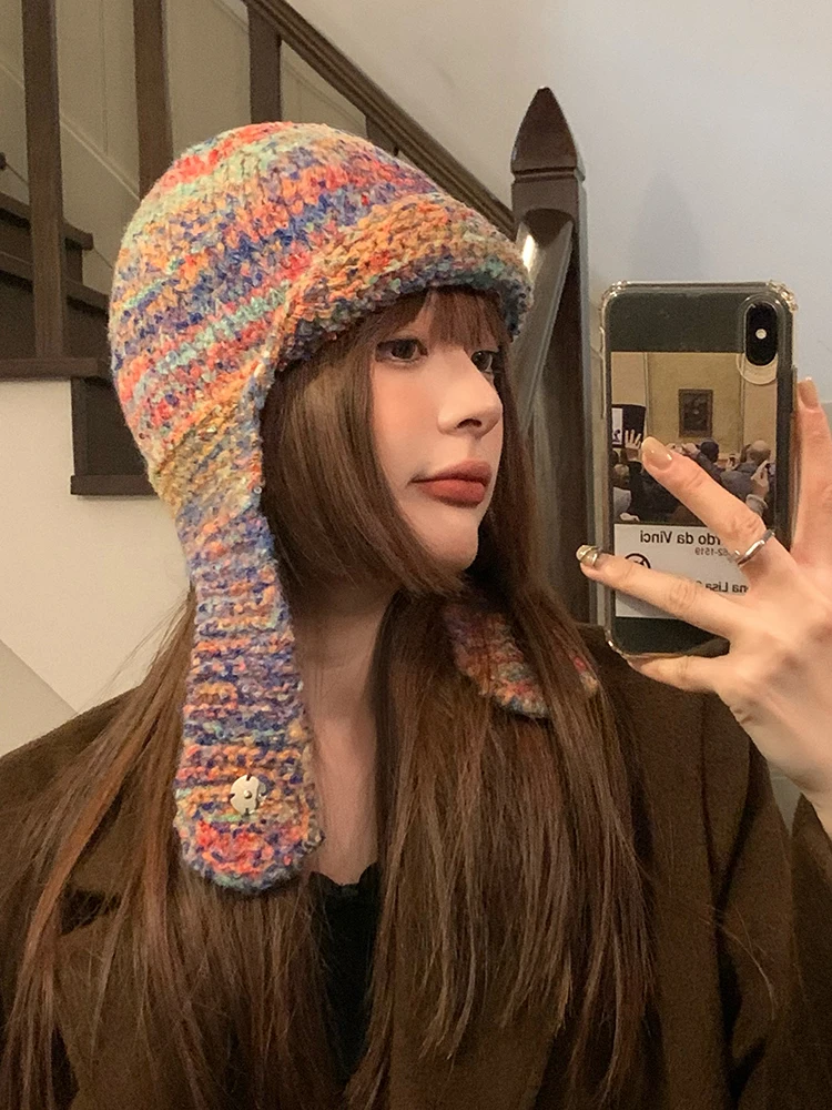 Niche vintage hand-knitted hat Female autumn winter wool hat color contrast warm ear protection hat Flying hat Lei Feng hat male