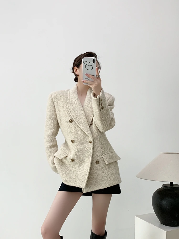 

Loose Women's Wool Blend Suit Jaet YAHI Medium-Length Woolen Outerwear Simple Sle Long Sve Double-Breasted