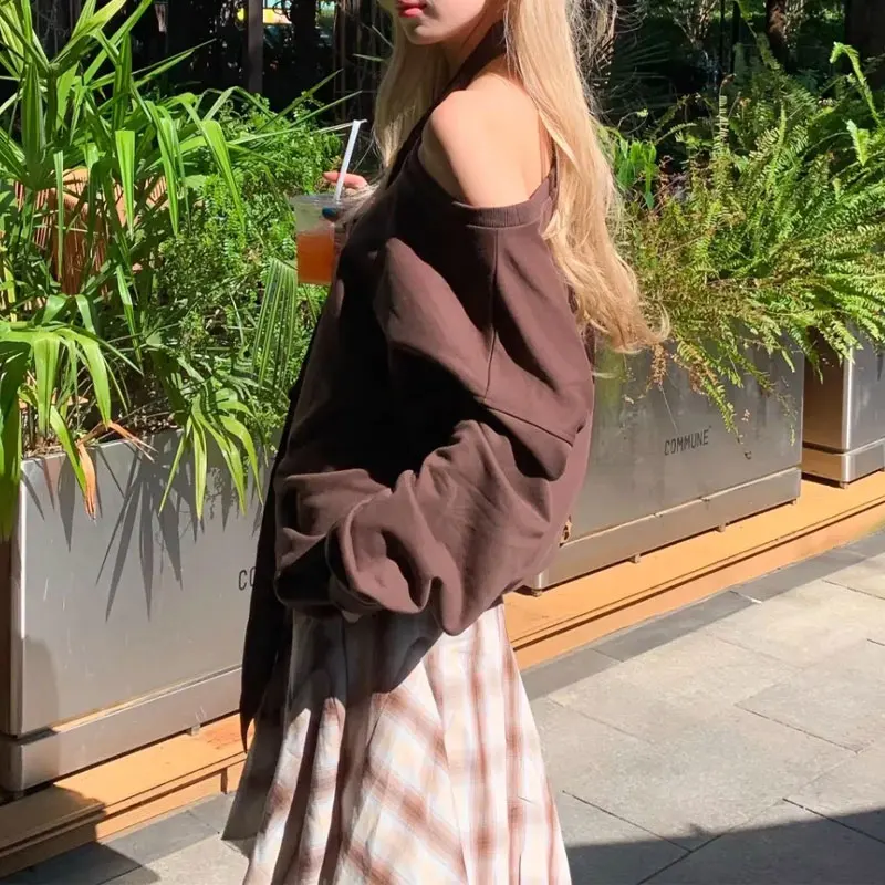 

Fashionable Off Shoulder Sweatshirts Autumn Winter Vintage Solid Color Women's Clothing Korean Casual Skew Collar Loose Hoodies