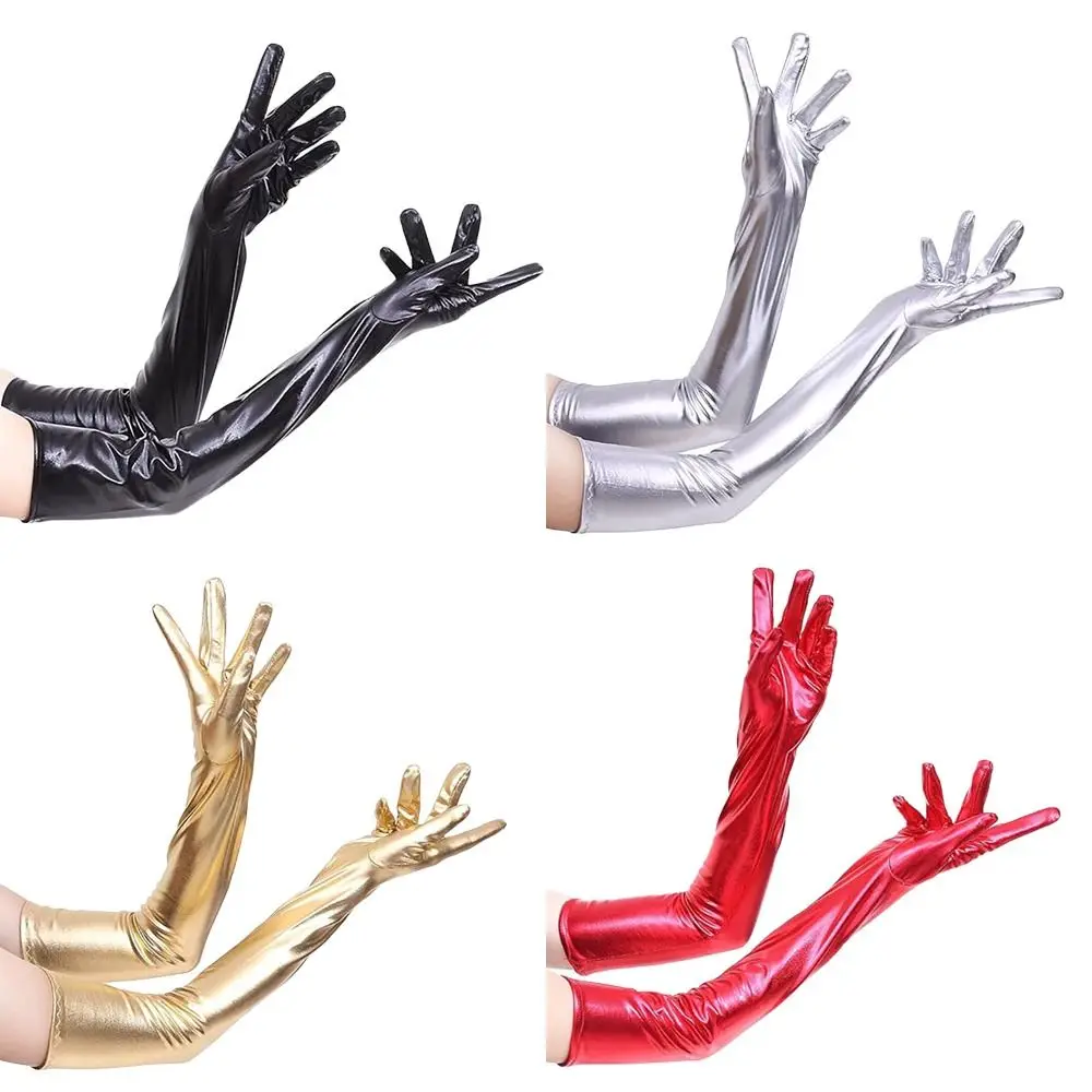 Silver Sexy Stretch PU Leather Skinny Long Glove Punk Rock HipHop Jazz Disco Dance Glove Shiny Metallic Mitten Cosplay Accessory