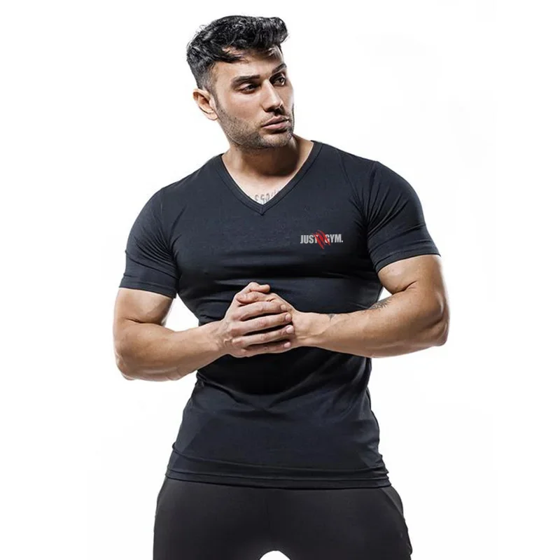 Men Casual Fashion V-neck TOPS Cotton Breathable Short Sleeve T-Shirt Gym Bodybuilding Fitness Training Slim Fit Shirts