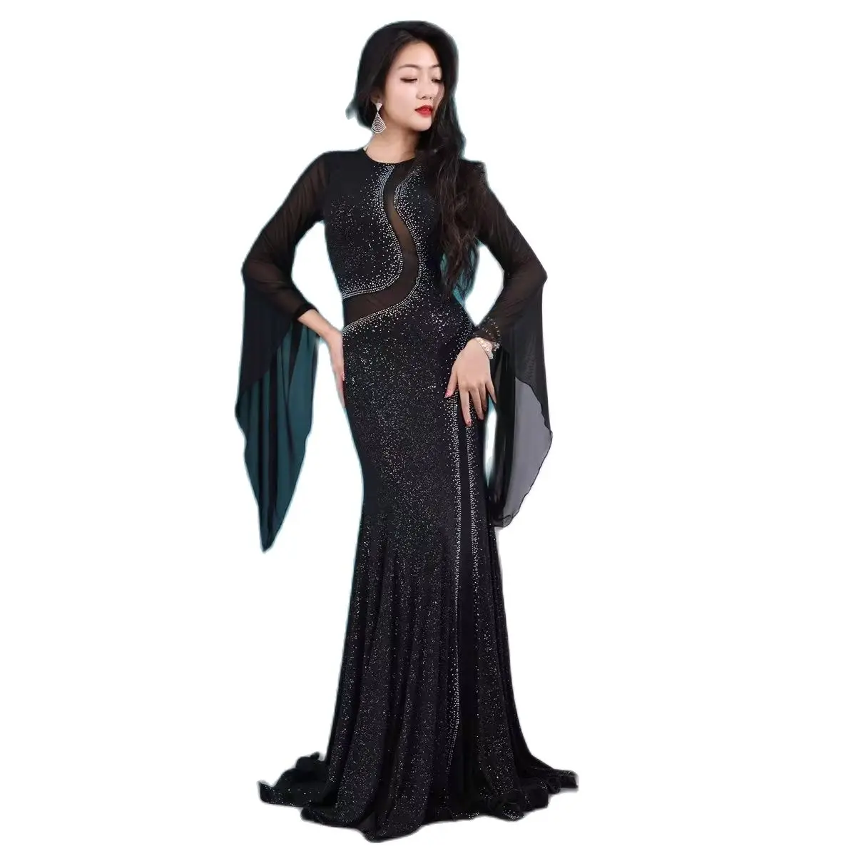 Belly Dance Suit Iraqi Hair Throwing Robe Kawleeya Performance Costume Rhinstone Shine Egypt Show Dress Sexy V Neck Black