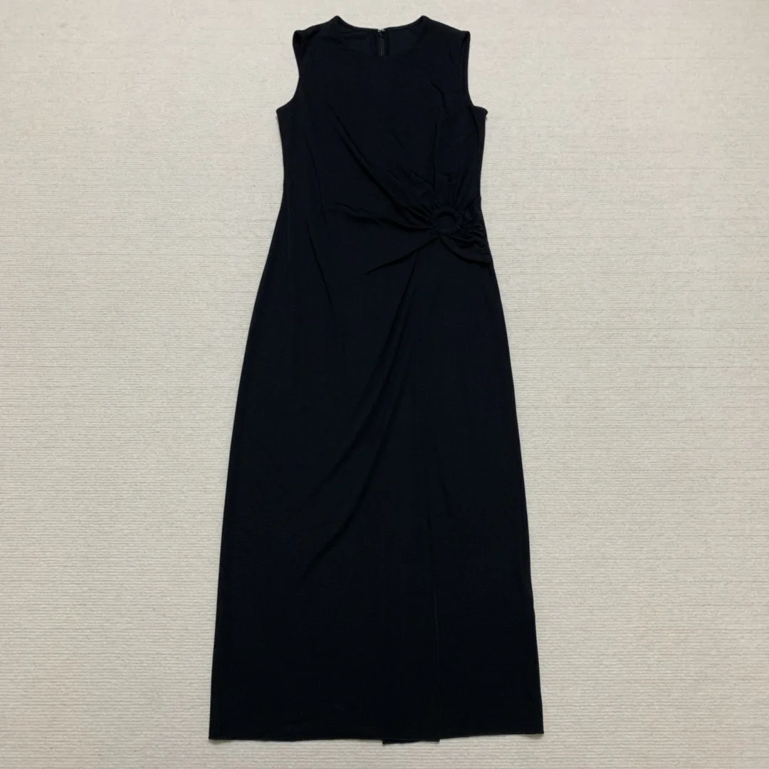 

M-Home Synconized Long Slim Fit Dr round Ne Svel Pleated Hem Side Slit Knitted Cotton A-Line Skirt for Women