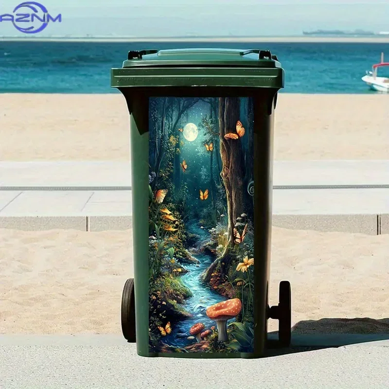 2D 1PC1pc Trash Can Stickers - Magical Forest stream with Glowing Mushrooms & Butterflies, Easy Peel & Stick Self-Adhesive Dec