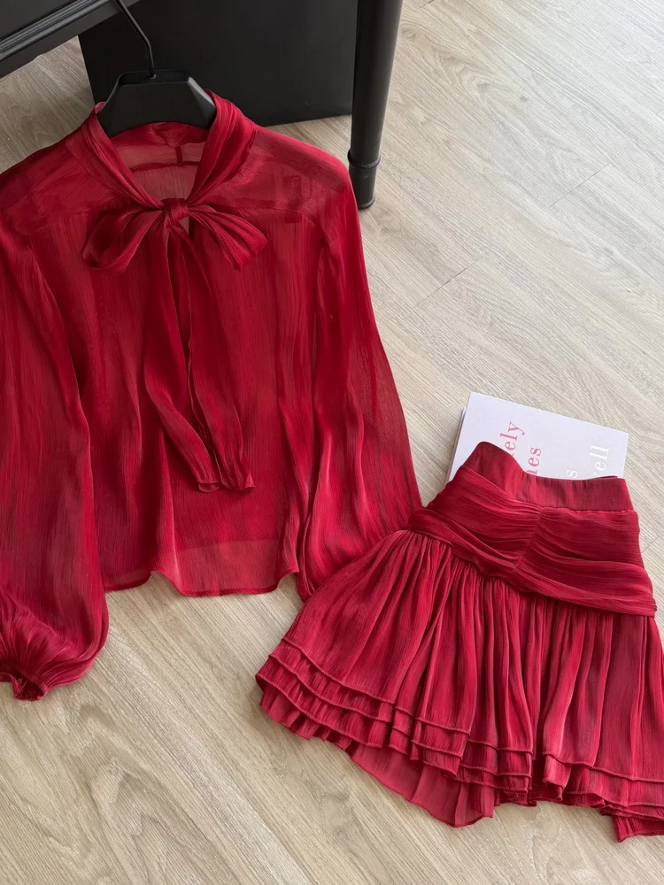 

Elegant Knot Collar Slim Fit Shirt High Waist Pleated Skirt Two Piece Set Women's Fashion Spring 2026