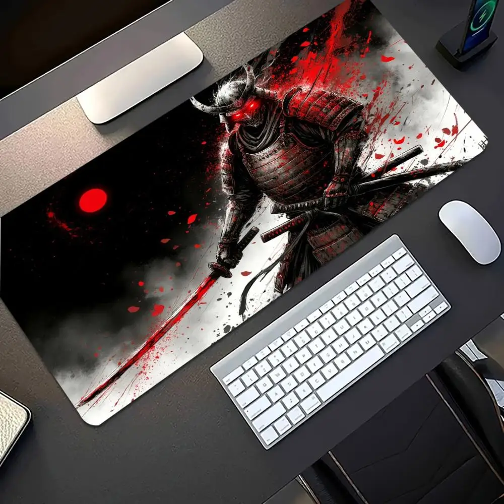 Vintage Japanese Samurai Ink Art Large Gaming Desk Mat Non‑Slip Rubber Stitched Edges HD Print Keyboard Mouse Mat for PC Laptop