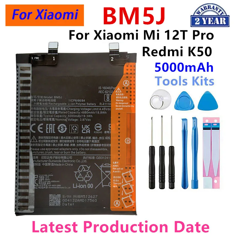 

Brand New BM5J 5000mAh Battery For Xiaomi Mi 12T Pro /Redmi K50 Phone Replacement Batteries+Tools