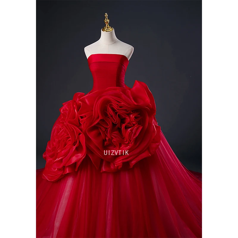 Robe de soirée longue rouge luxueuse pour femmes, motif Floral 3D, classique, sans bretelles, robe de bal élégante avec traîne Court, robe de Gala de célébrité