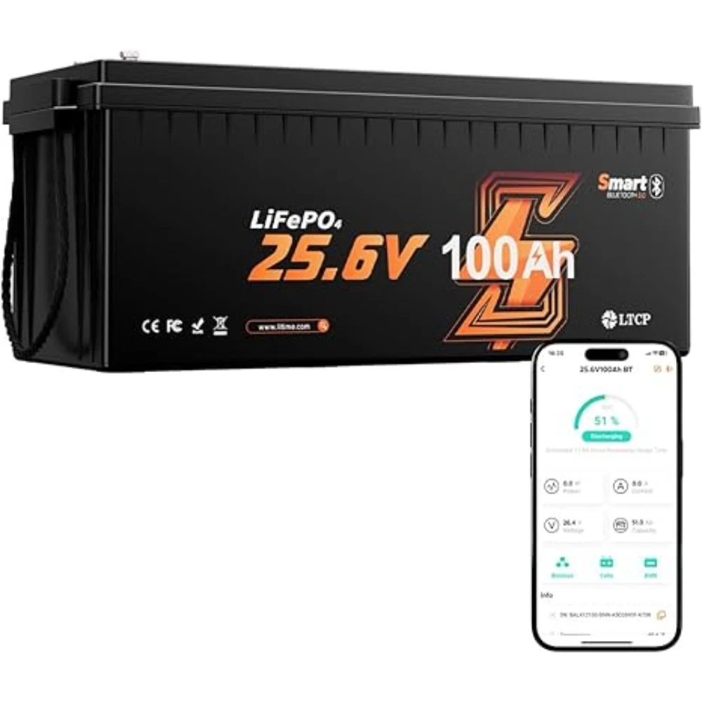 

24V 100Ah Bluetooth LiFePO4 Lithium Battery, Low-Temp Cutoff Protection, Built-in 100A BMS, 4000+ Deep Cycles for Trolling Motor