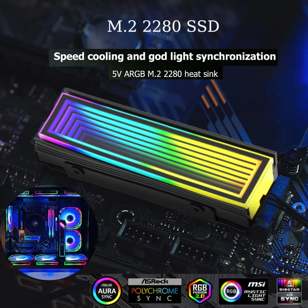 مبرد حوض حراري من الألومنيوم RGB Nvme مع وسادة سيليكون حرارية ، كمبيوتر متزامن ARGB ، M.2 SSD ، 5 فولت ، sm2.ssd ، M2 ، PC ، M2.SSD