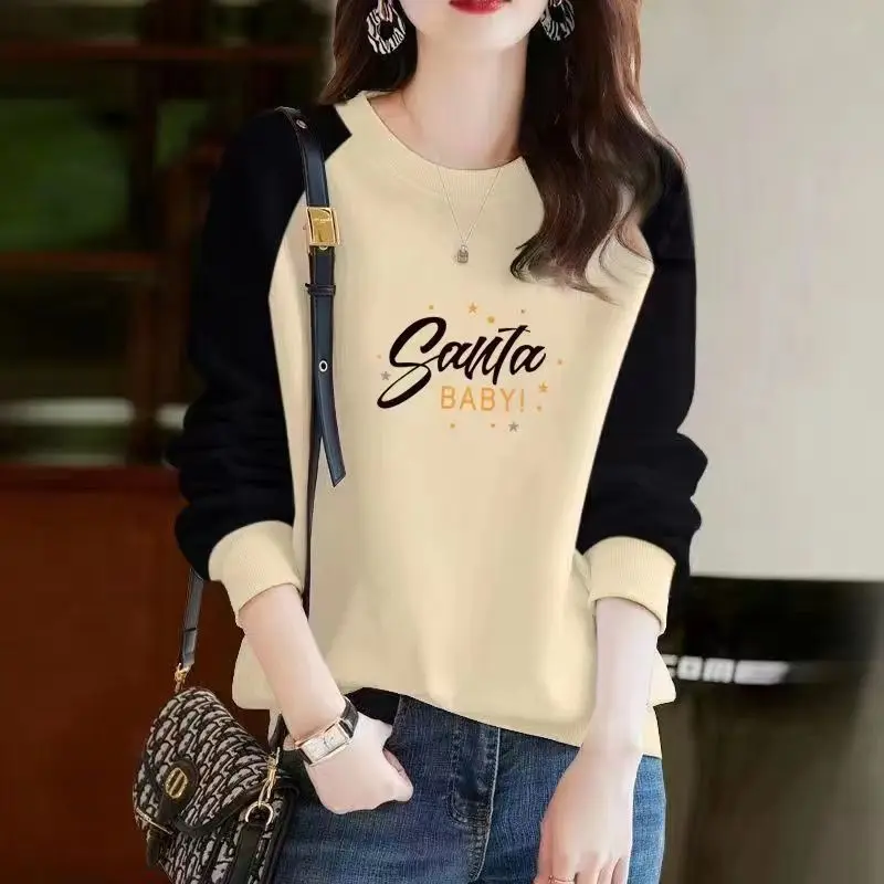 Autumn and Winter Women\'s Pullover Round Neck Letter Print Plush Thick Contrast Long Sleeve Hoodies Loose Fashion Casual Tops