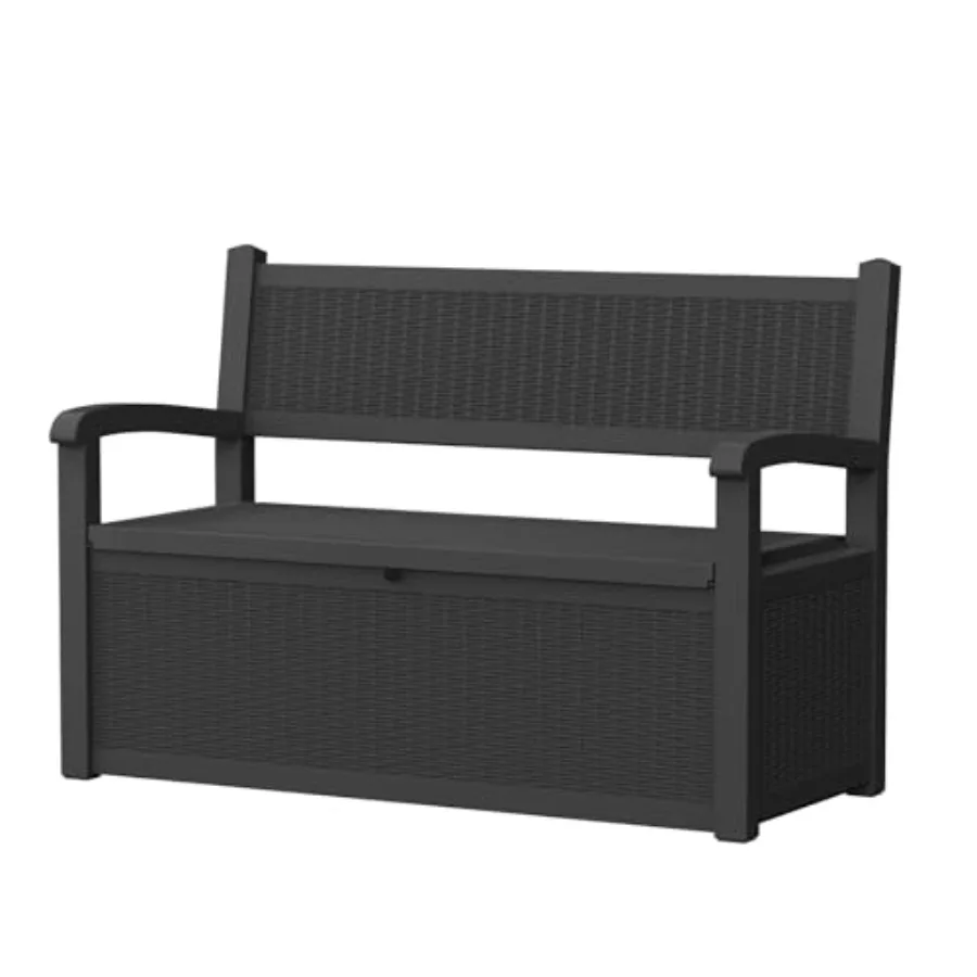 80 Gallon Weatherproof Outdoor Storage Bench with Rattan Texture Black Garden Patio Deck Box for 2-3 Person Seating Pool Toys C