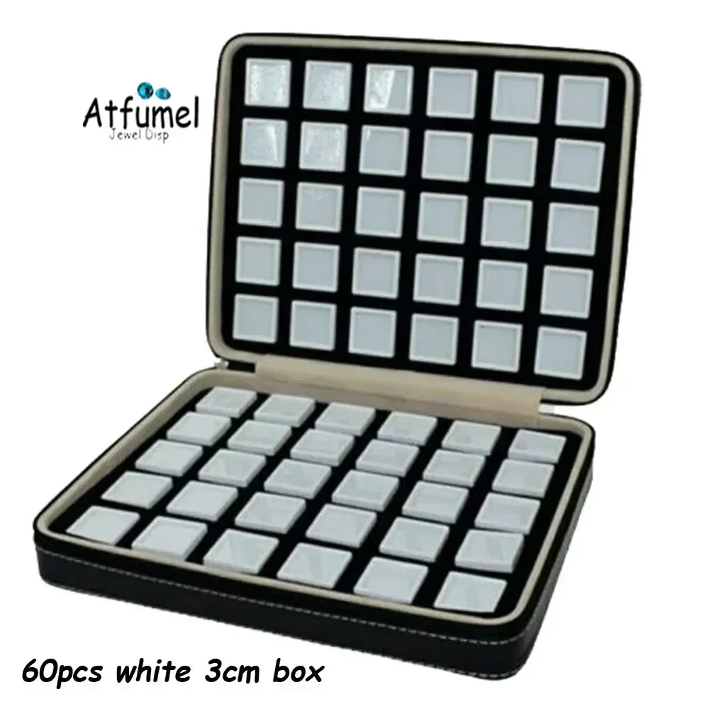 

White Diamond Storage Box Black PU Gemstone Jewelry Zipper Case Square Gems Ring Coin Organizer Pendant Packaging Showcase