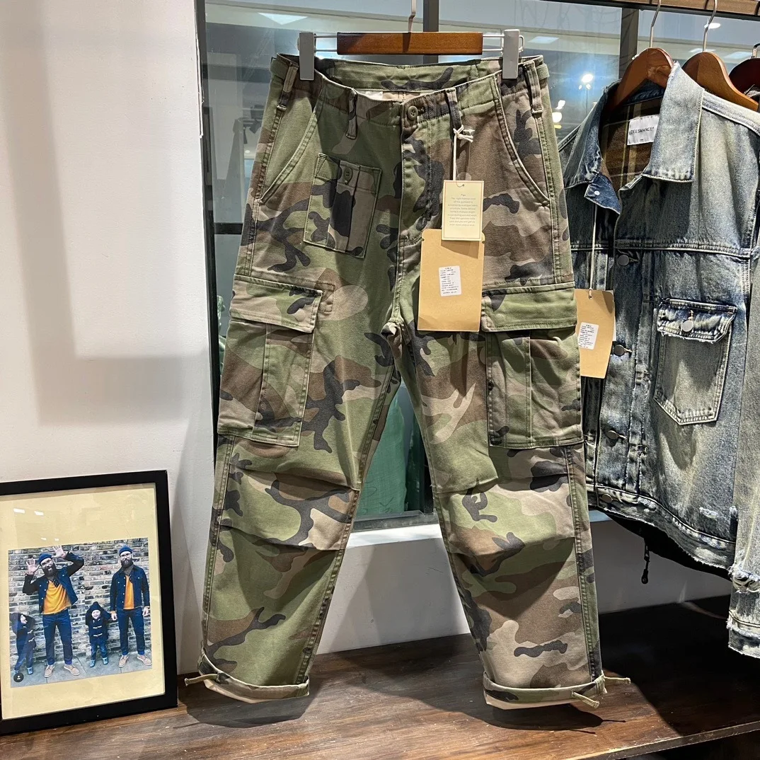 Men's Vintage Camo Cargo Pants – Multi-Pocket Stretch Work Trousers, Loose Straight Heavyweight Casual Pants