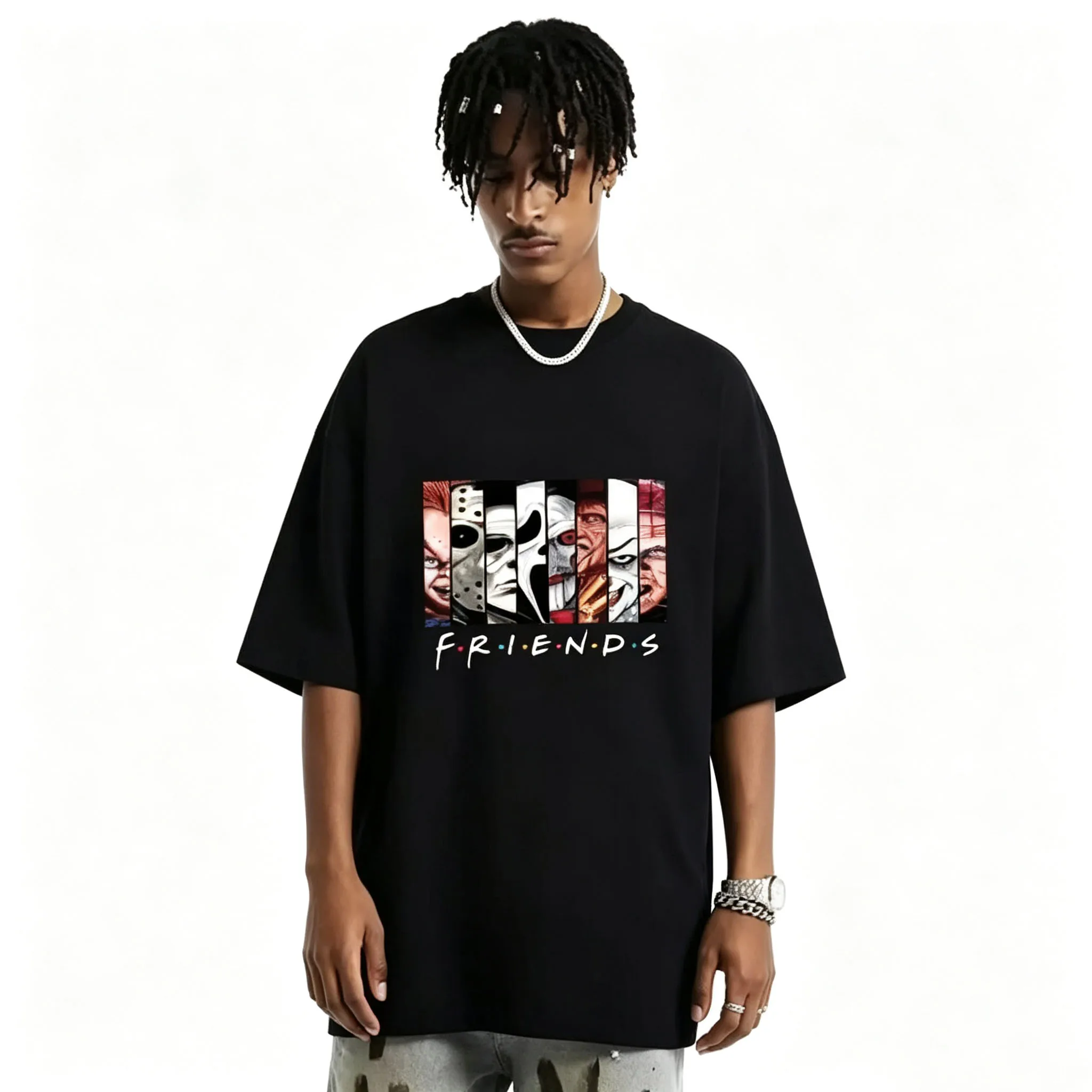 Men Loose T Shirt Horror Scary Character Collage Letter Friends Parody Tee Halloween Streetwear Short Sleeve Casual Unisex Tops
