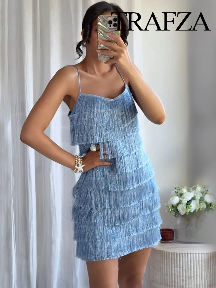 

HH 2025 Fashion Woman Sexy Slim Sleeveless Backless Blue Elegant Party Halter Dresses Women's Tassel Lined Mini Dress
