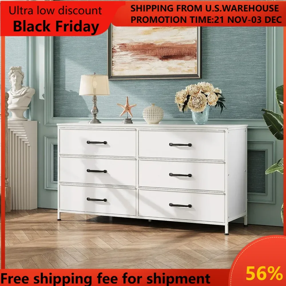 

Wide Fabric Dresser, 6 Drawer Dresser TV Stand for 60" TV, Dressers Bedroom Furniture Large Storage Tower Unit with Fabric